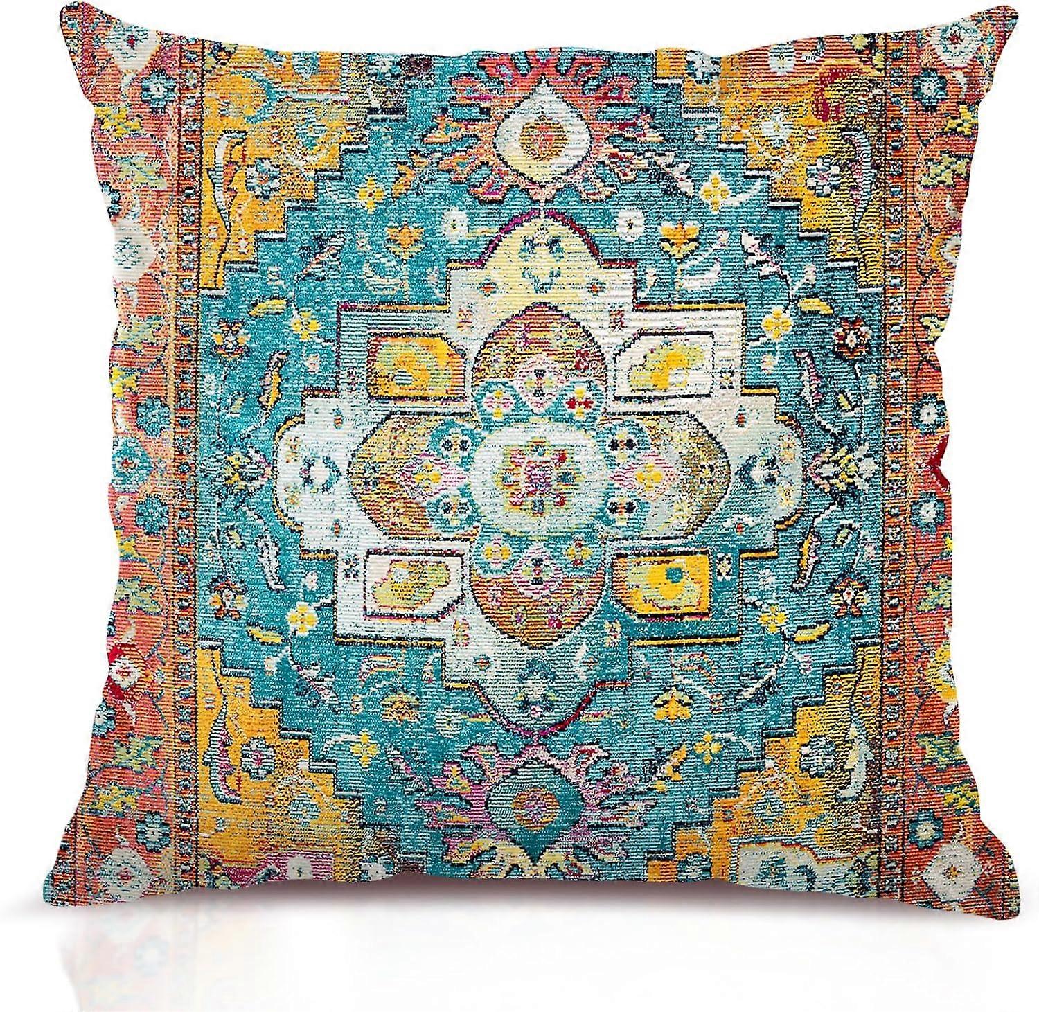 Boho Orange Blue Throw Pillow Covers 18x18 inch, Bohemian Carpet Double Sided Pattern Soft Plush Cushion Cover for Couch Sofa Bed Decorative, Only Pil