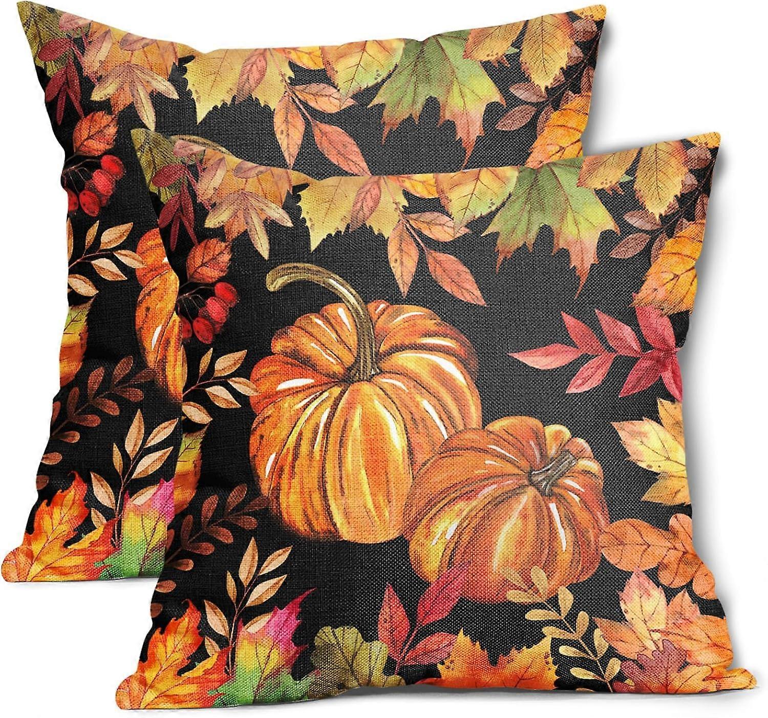 الخريف القرع وسادة يغطي 16x16 بوصة الخريف أوراق القيقب الأسود القطن الكتان الزخرفية رمي وسادة الحقيبة عيد الشكر غطاء وسادة مجموعة من 2 للسرير