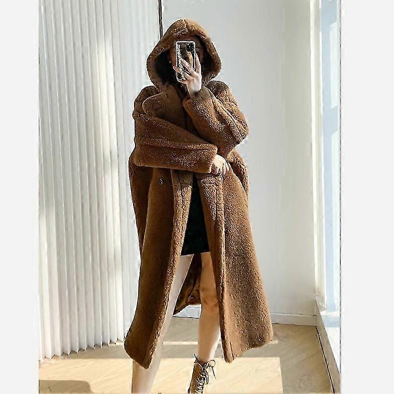 2024 Casaco Feminino de Inverno Plus Algodão Engrossado Solto Longo Lã de Cordeiro com Capuz Maillard Camel