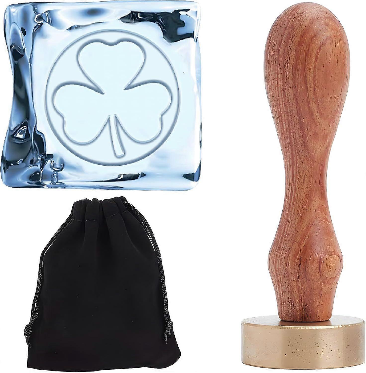 Ice Stamp St. Patrick's Day Clover Ice Stamps 1.2" with Removable Brass Head Replacement Wood Handle Leaf Branding Stamp for Cocktail Party Whiskey Mo