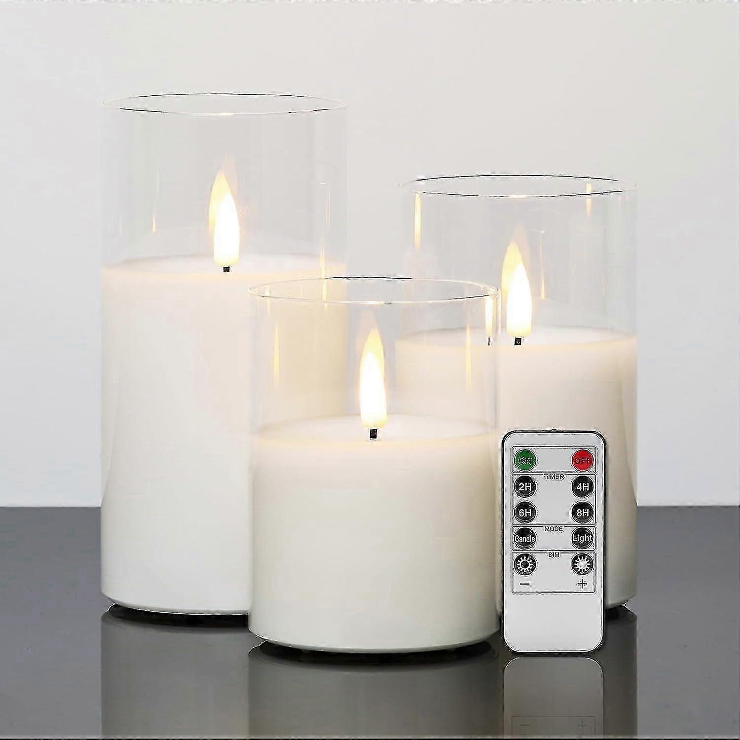 Clear Glass Led Candles With Remote Flickering Realistic Flameless Battery Candles Set Of 3 D 3" H 4" 5" 6"-Good