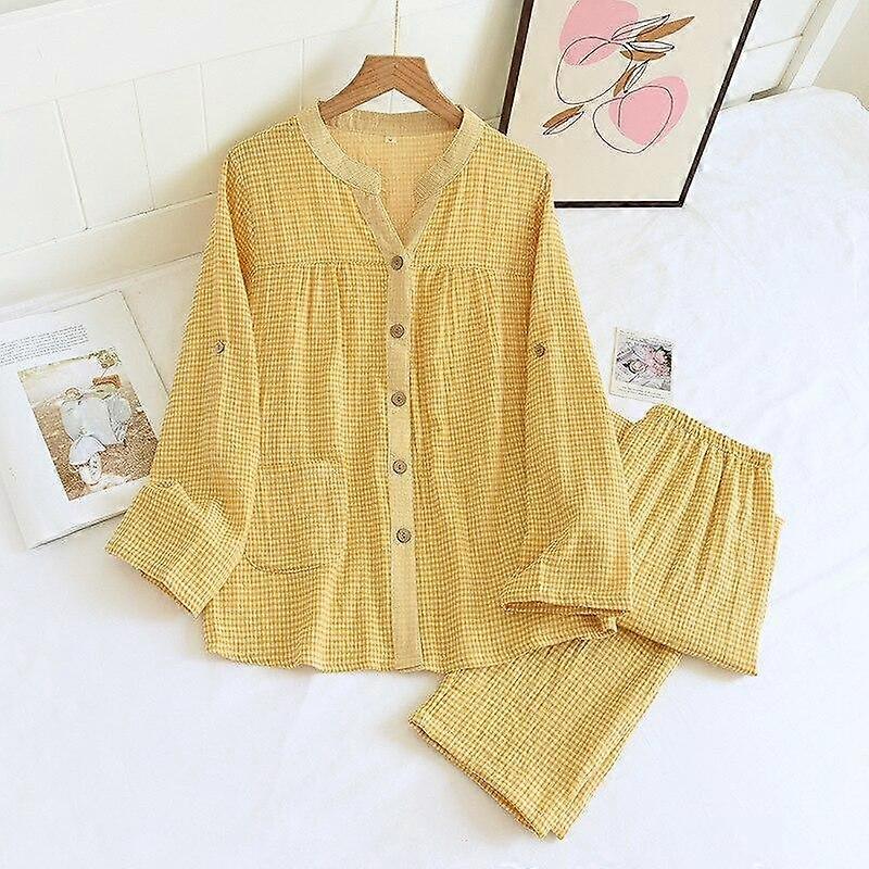 New spring and autumn ladies pajamas set 100%cotton gauze four seasons long-sleeved trousers two-piece simple plaid home service