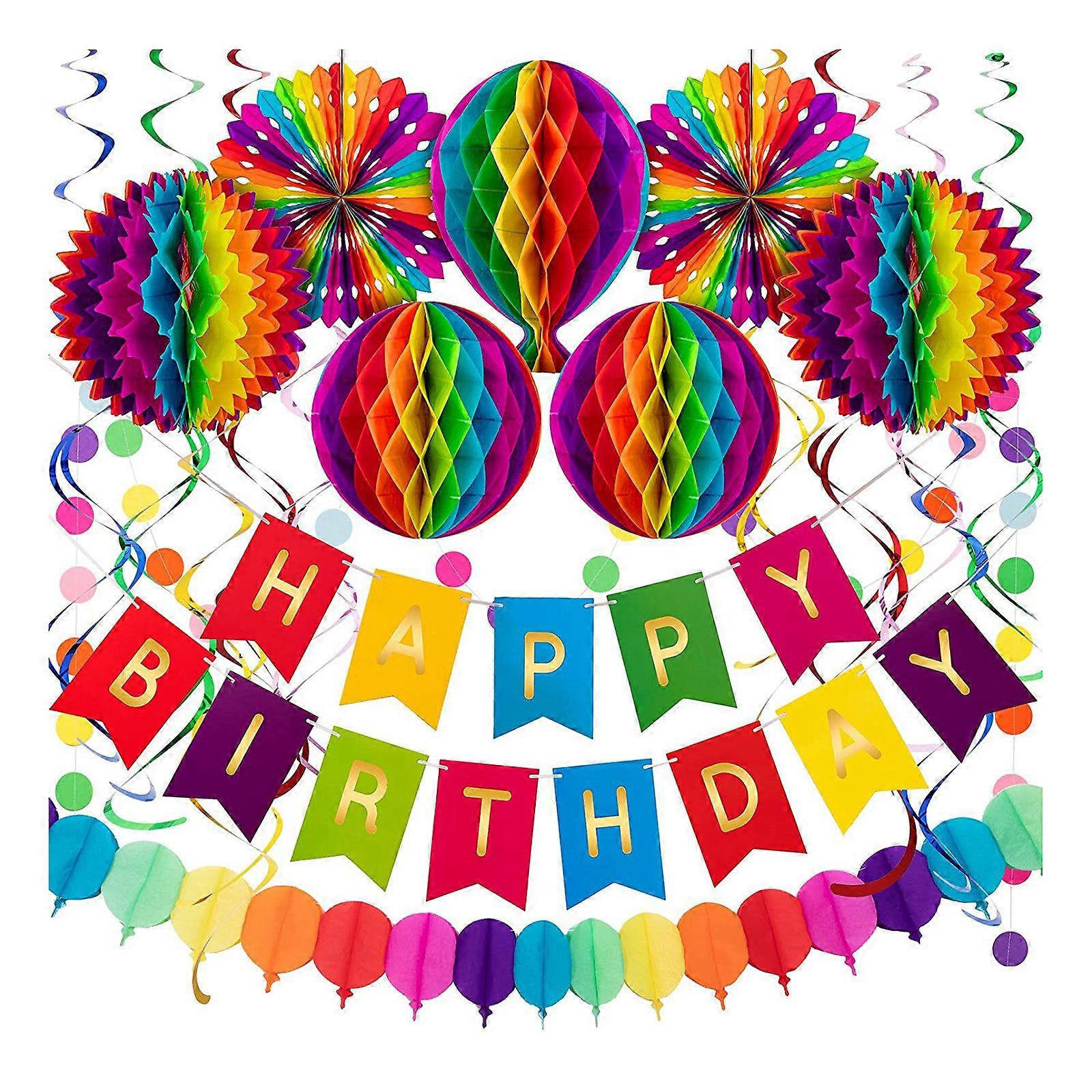 Happy Birthday for Banner with Colorful Paper Flag Bunting Paper Circle Confetti Garland Swirl Streamers Honeycomb Ball Multi