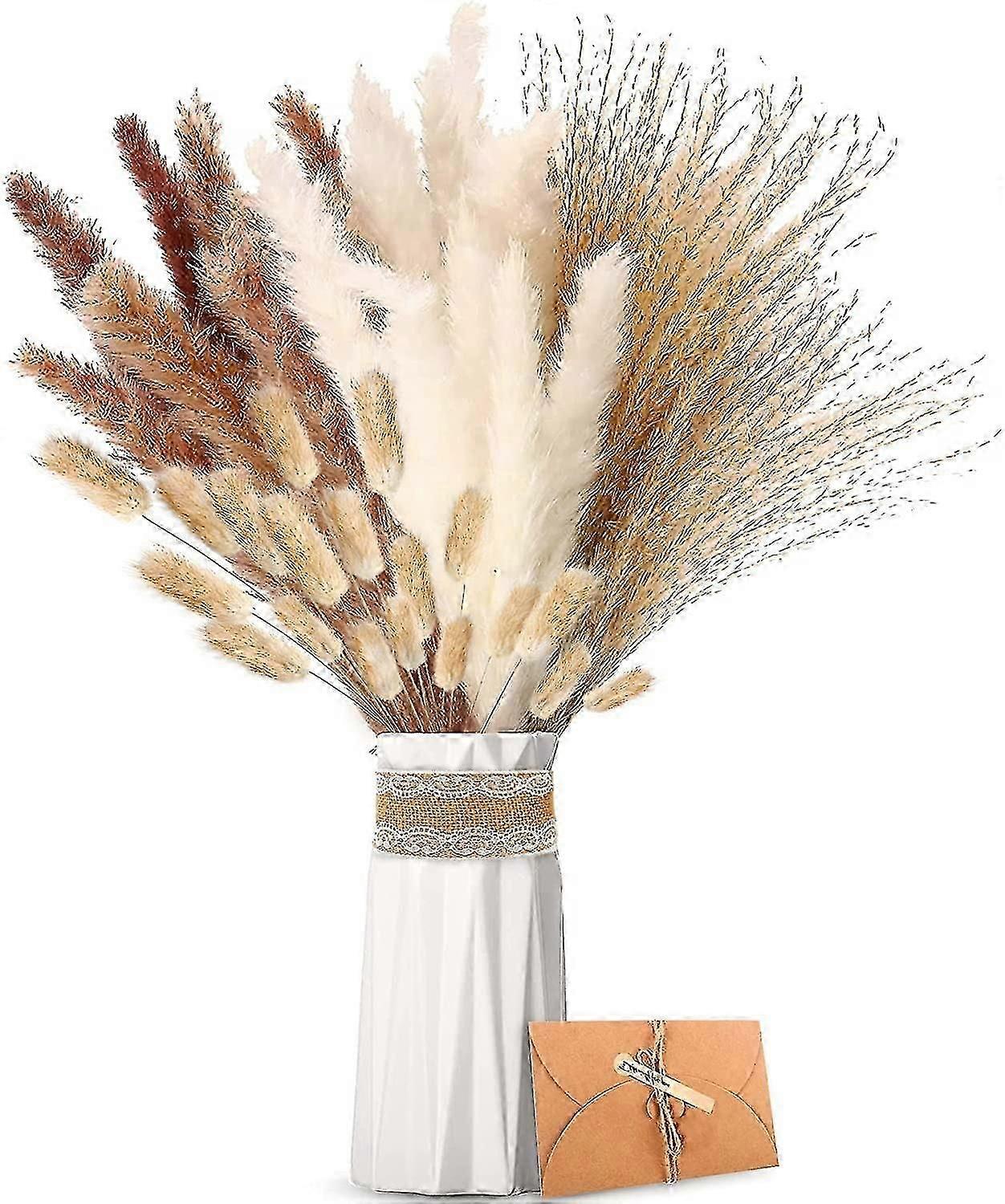Set Of 41 Natural Dried Flowers, Brown, White Pampas Grass Fluffy Wedd, Lagurus And Reed Dried Flowers Bouquet For Flower Arrangements Home Decor