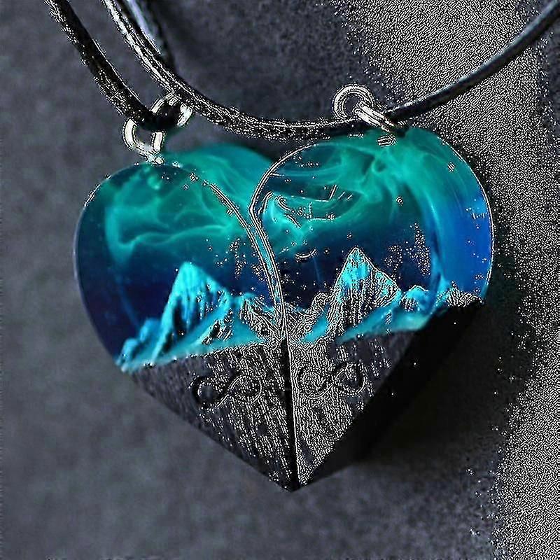 Wood Resin Pairing Heart Pendant Mountain Necklace Couple Birthday Valentine's Day
