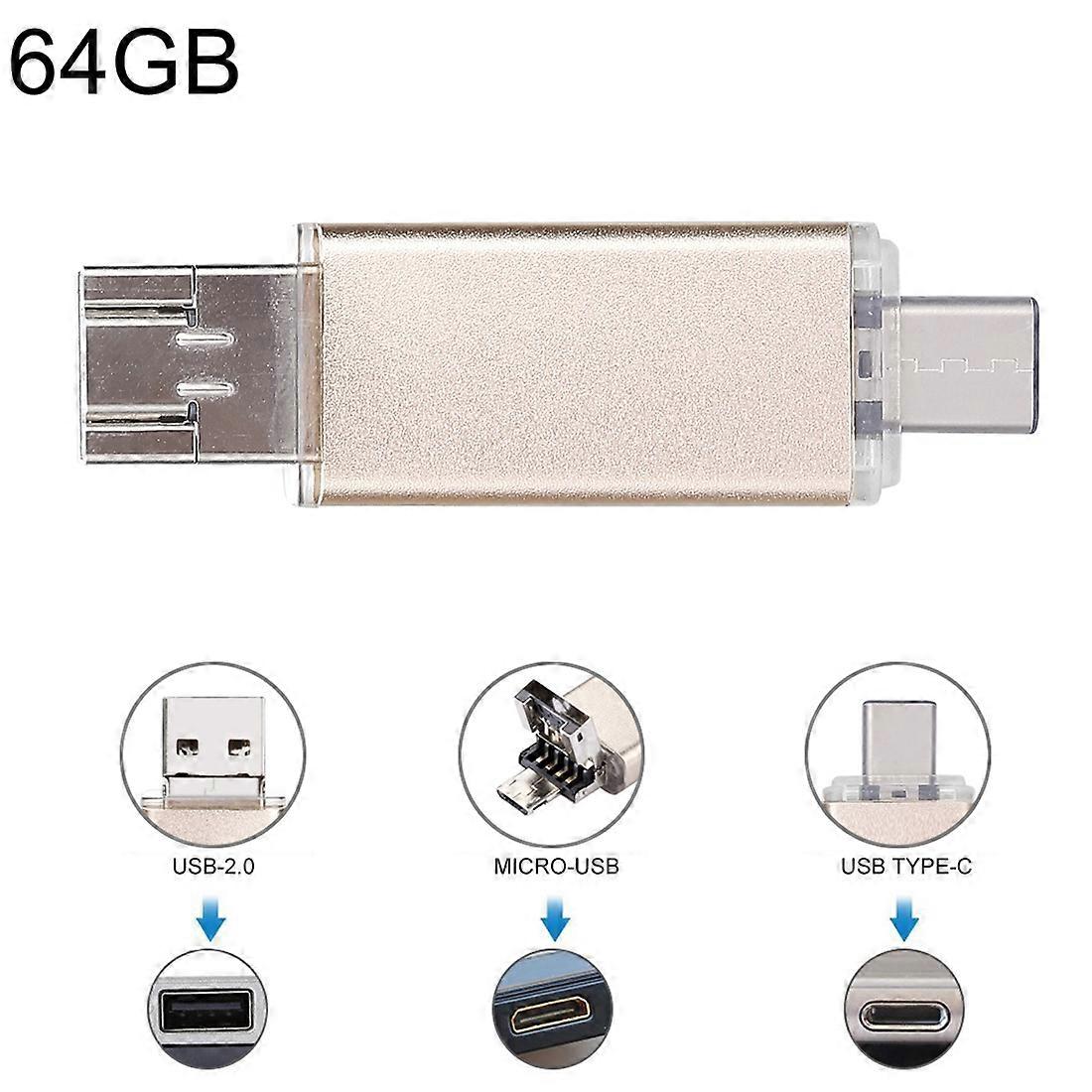 64GB 3 in 1 USB-C / Type-C + USB 2.0 + OTG Flash Disk, For Type-C Smartphones & PC Computer