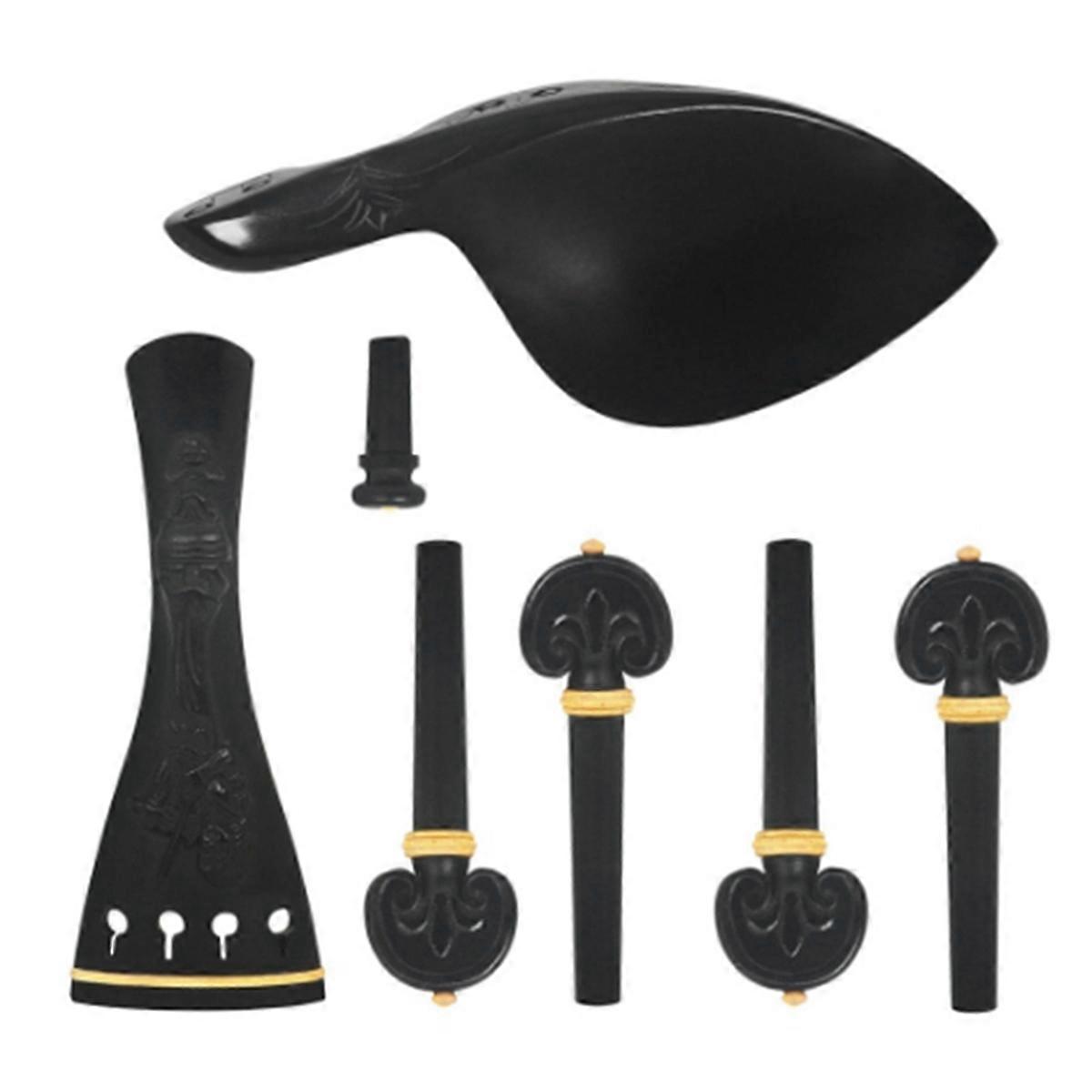 Hand Carved Ebony Violin Parts 4 PCS Set with Relief Flower Tailpiece