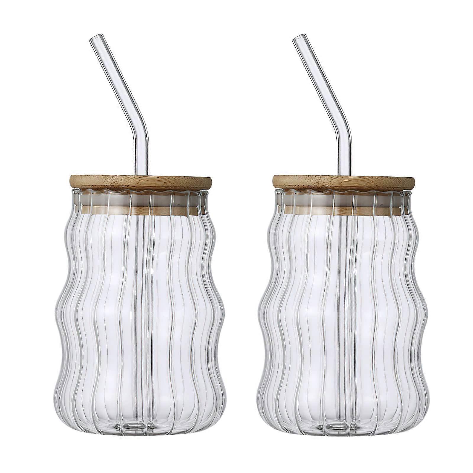 2 Set Creative Wave Shaped Vintage Ribbed Drinking Glasses for Ice Coffee 17oz