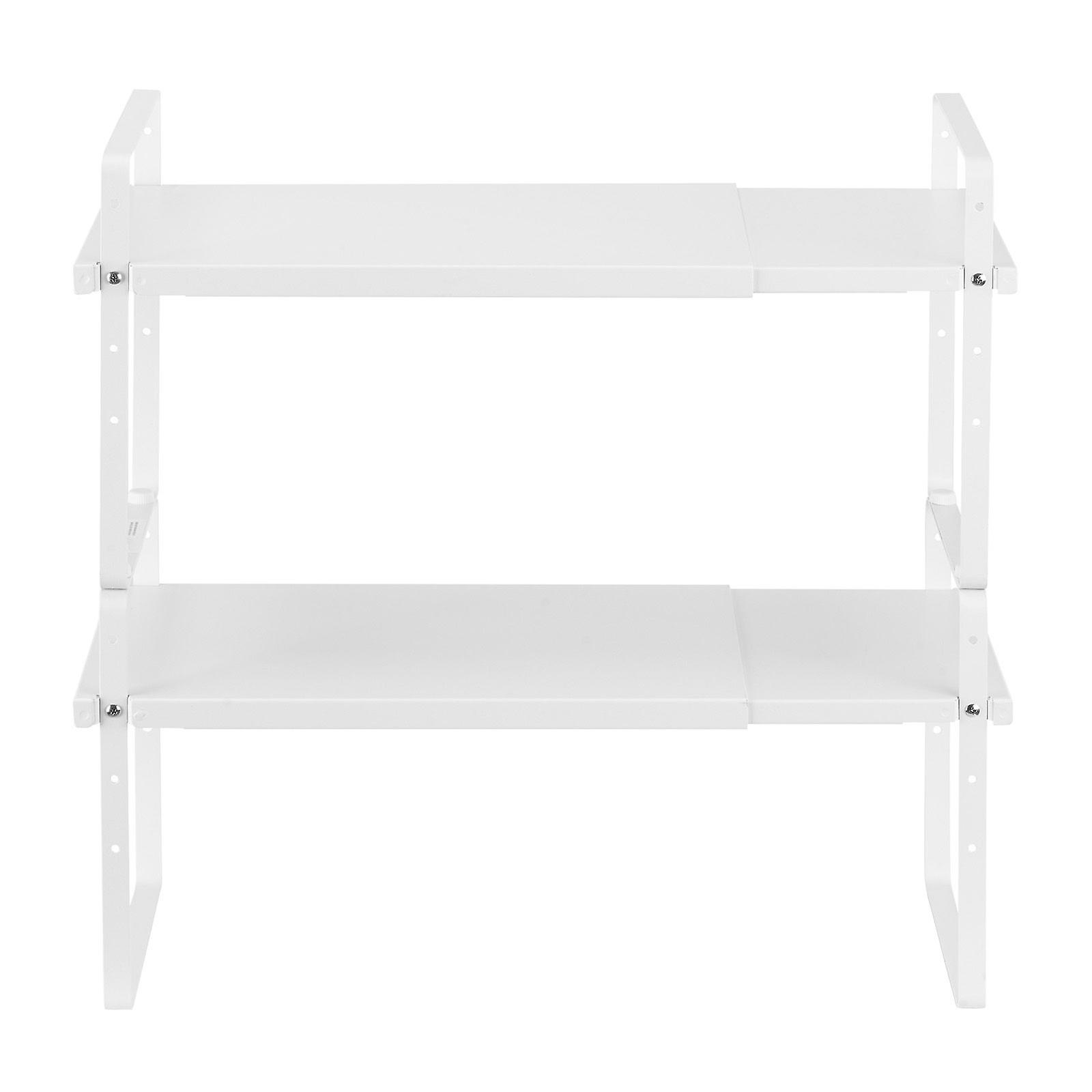Adjustable Kitchen Cabinet Shelf Organizer, Expandable 2-Tier Storage Solution, Stackable Countertop Shelf Risers, Pantry Organizers, White