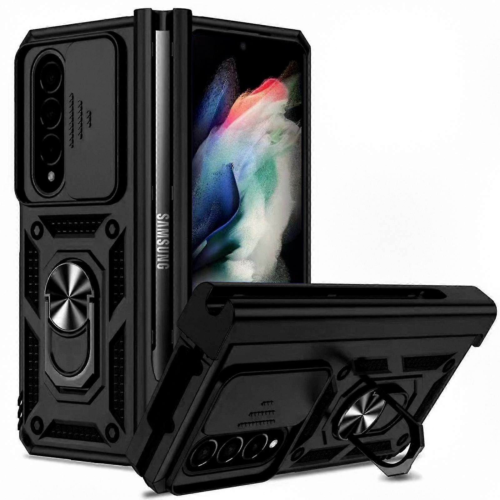 Durable Protective Case for Galaxy Z Fold 4, Hard PC Shockproof Design with Metal Ring Stand and S Pen Compartment