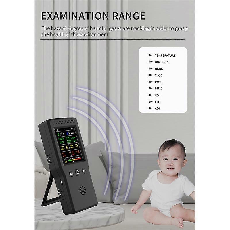 9-i-1 luftkvalitetsmonitor LCD-skärm hög precision (vit)