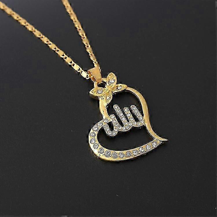 Chaîne musulmane Allah plaquée or 18 carats avec cœur en diamant zircon