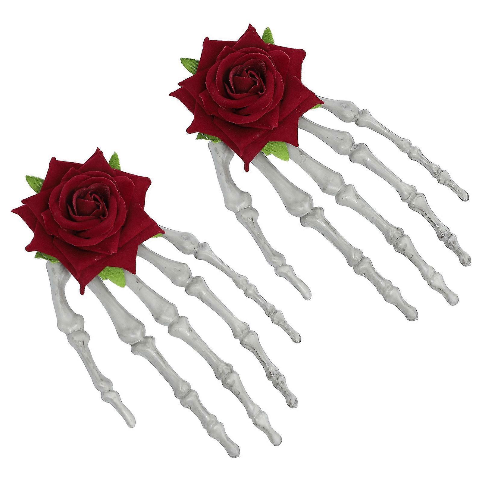 Here's a polished and professional product description you can use for the **2pcs Hand Skeleton Bone Hair Clips with Rose Flower Design**:
**2PCS