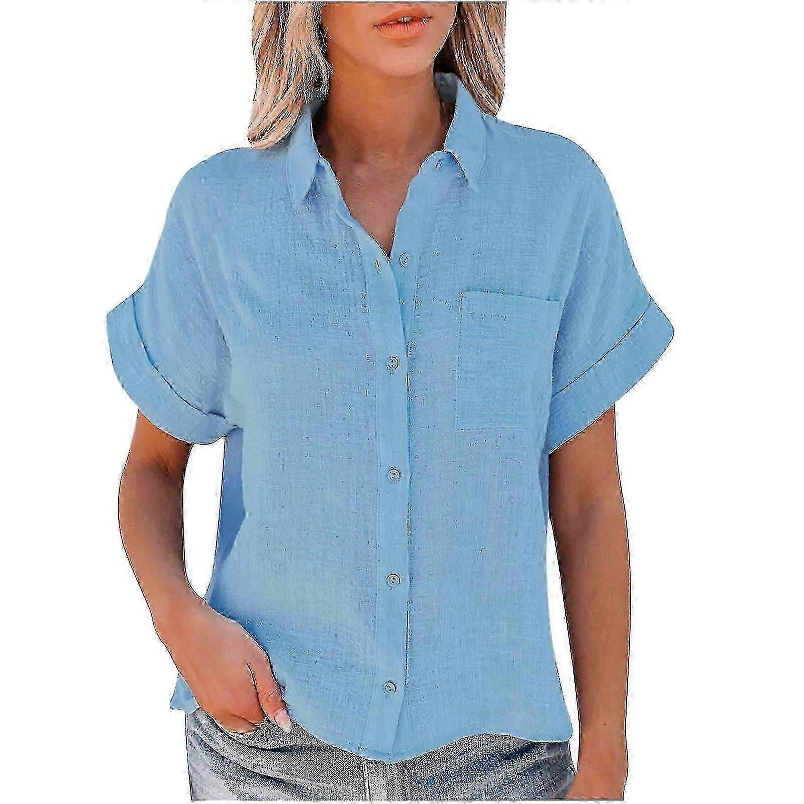 Ladies Solid Color Cotton And Linen Shirt Short Sleeve Lapel Button Fan0352 vxz
