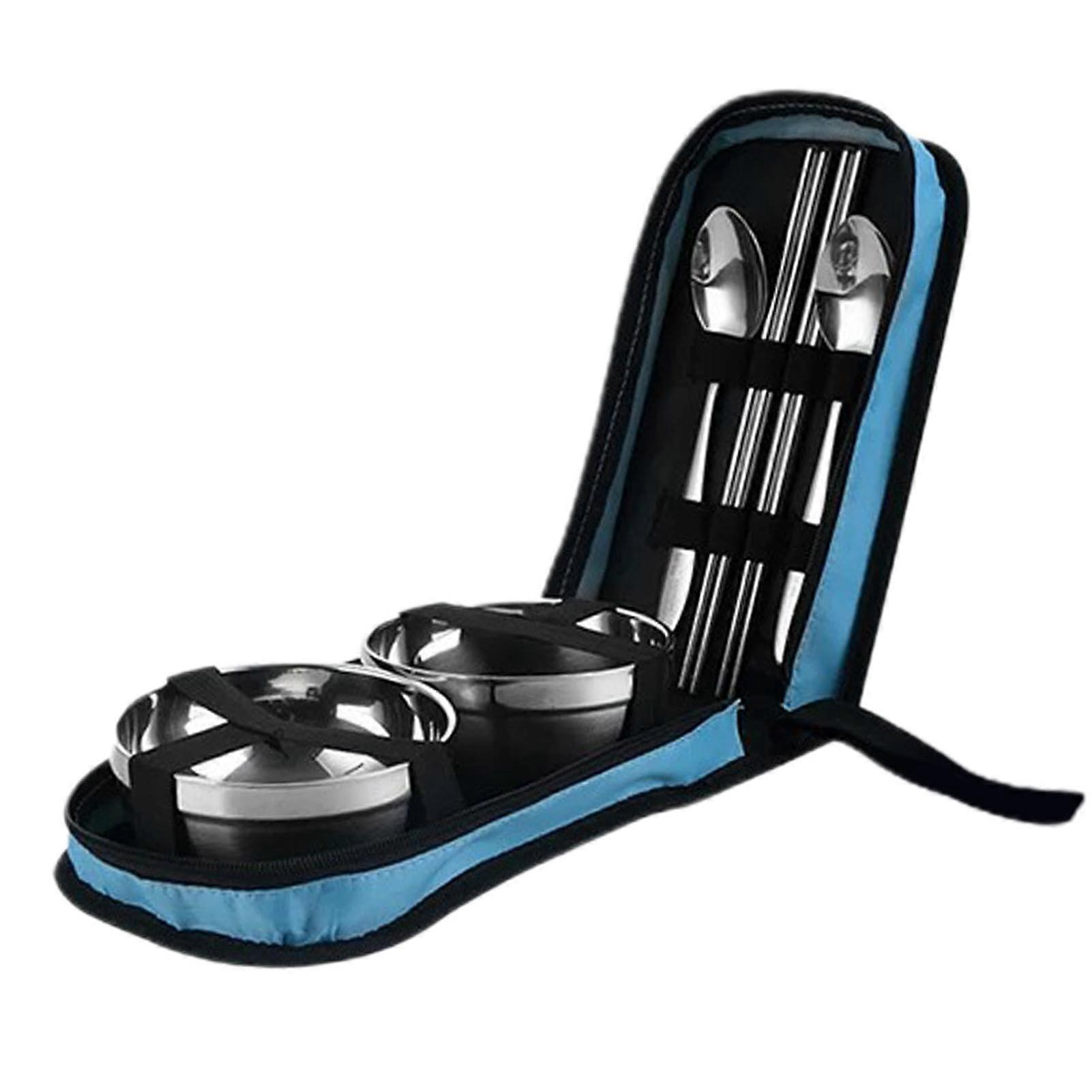 Picnic Utensils Set, Stainless Steel, with Bowl, Spoon, Chopsticks blue