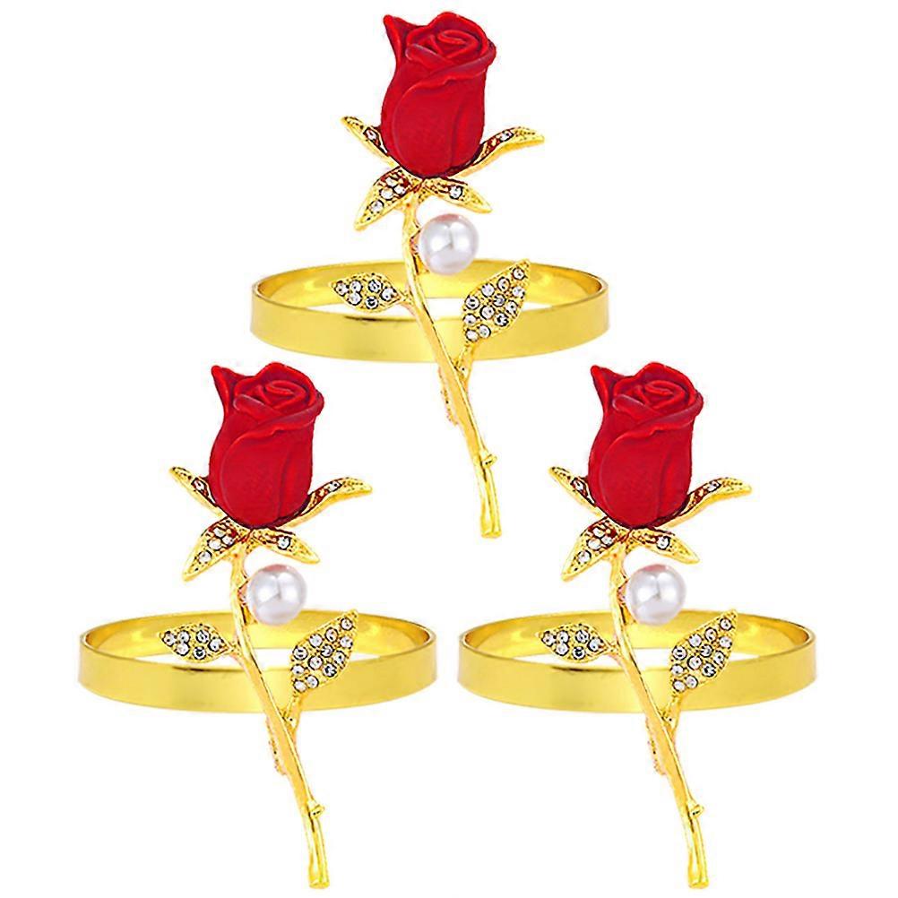 Decorative Napkin Rings Rose Flower Shape Table Decoration Red Alloy 6.20X2.50X2.50cm 3Pcs