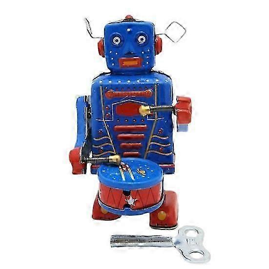 Vintage Wind-up Drumming Robot Toy Nostalgic Spring Clockwork Tinplate Robot Collectible Figurine Desktop