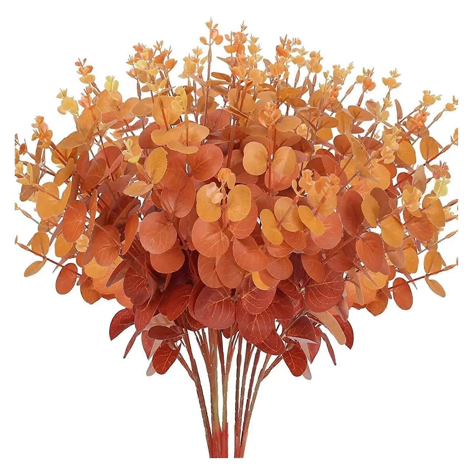Artificial Eucalyptus Branches 3-Piece Set Large Stems Autumn Orange Faux Green Leaves