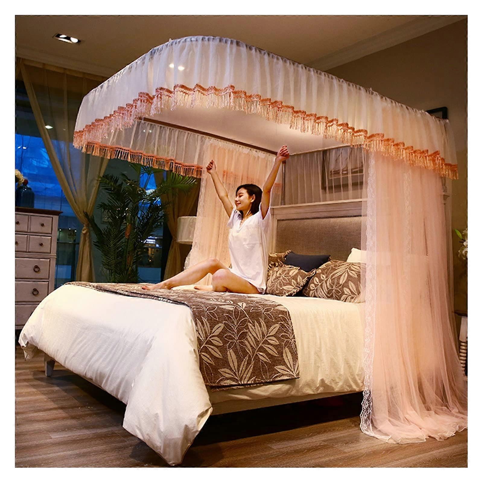 Mosquito Net Bed Canopy with 4 Corner Posts, Draped Design, 3 Openings for Princess Bedroom – Queen/King Size 180x220cm Jade Color