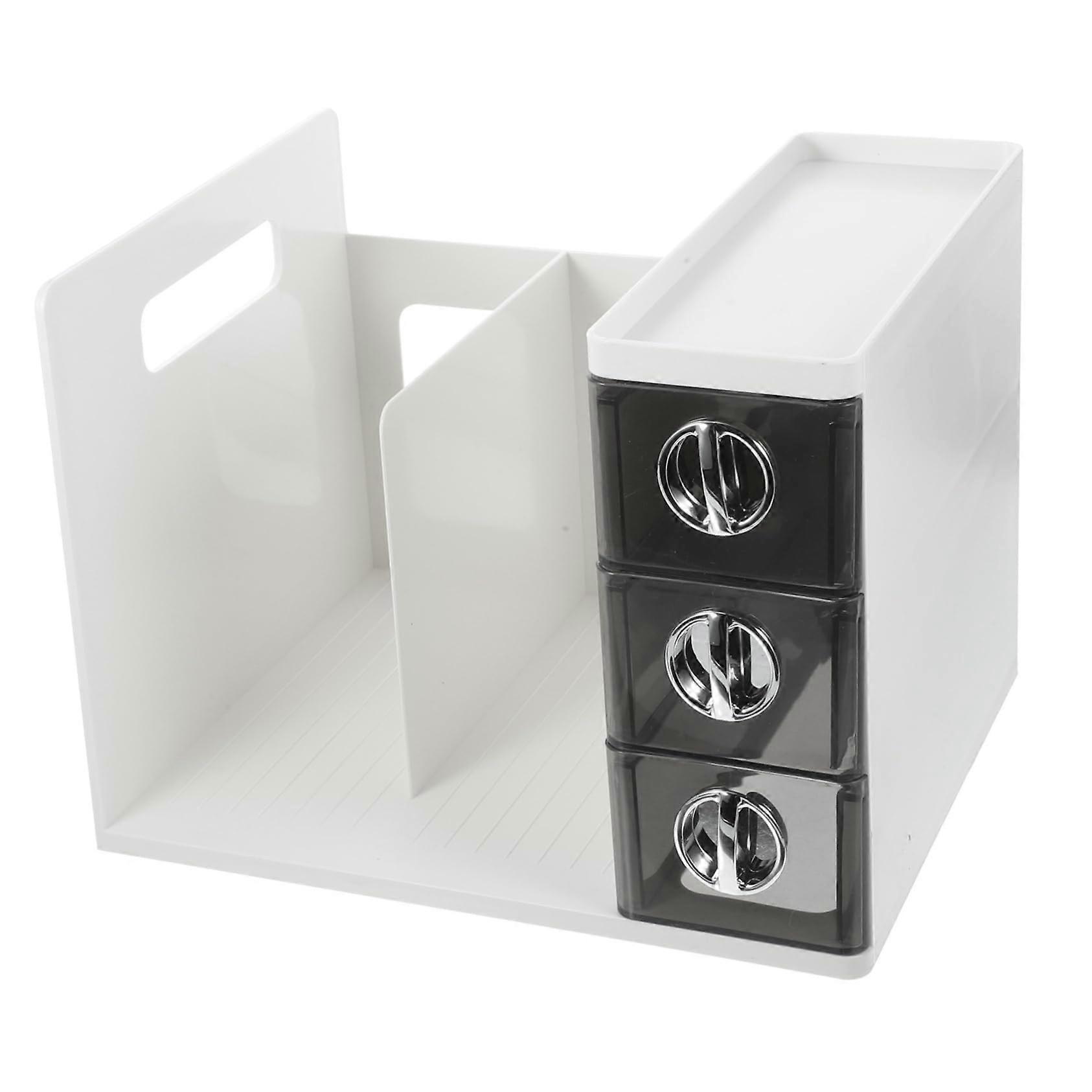 Desktop storage shelf for documents, magazine holder with drawer, classified organization system for office and school, functional.