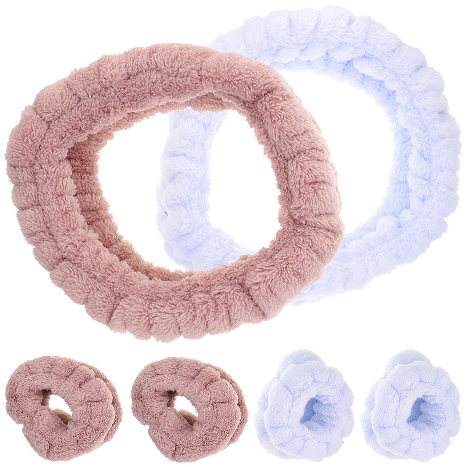 Flannel Skincare Headband Set with Face Wash Wristbands – Non Slip Makeup & Spa Accessories for Yoga, Shower & Face Washing – Blue