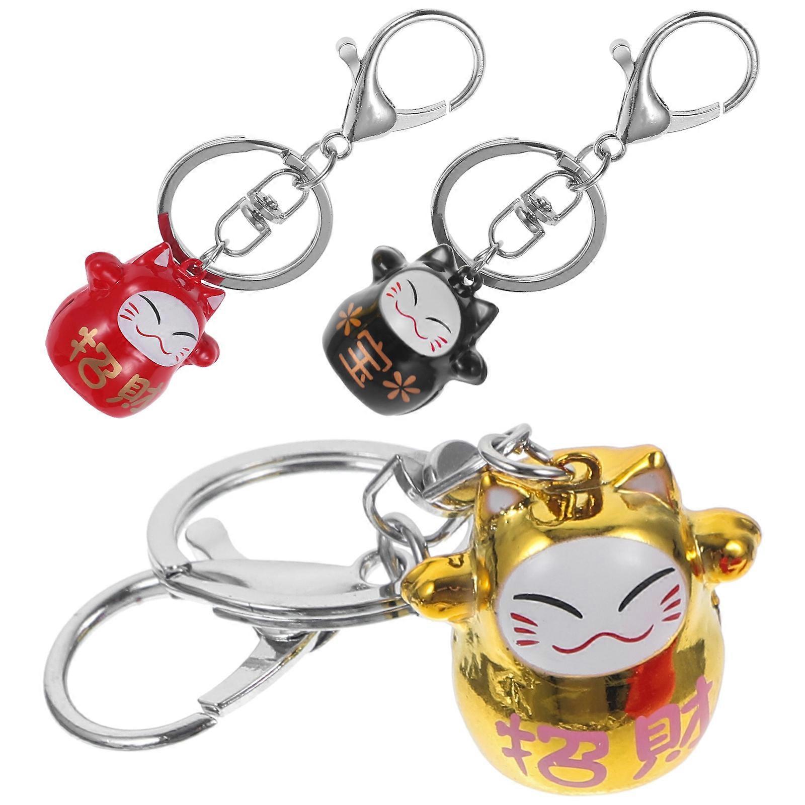 3pcs Delicate Hanging Luck Cat Keychain with Bell Pendant – Creative Gold Red Black Maneki Neko Ornament for Car, Office, Home Decoration – Fine
