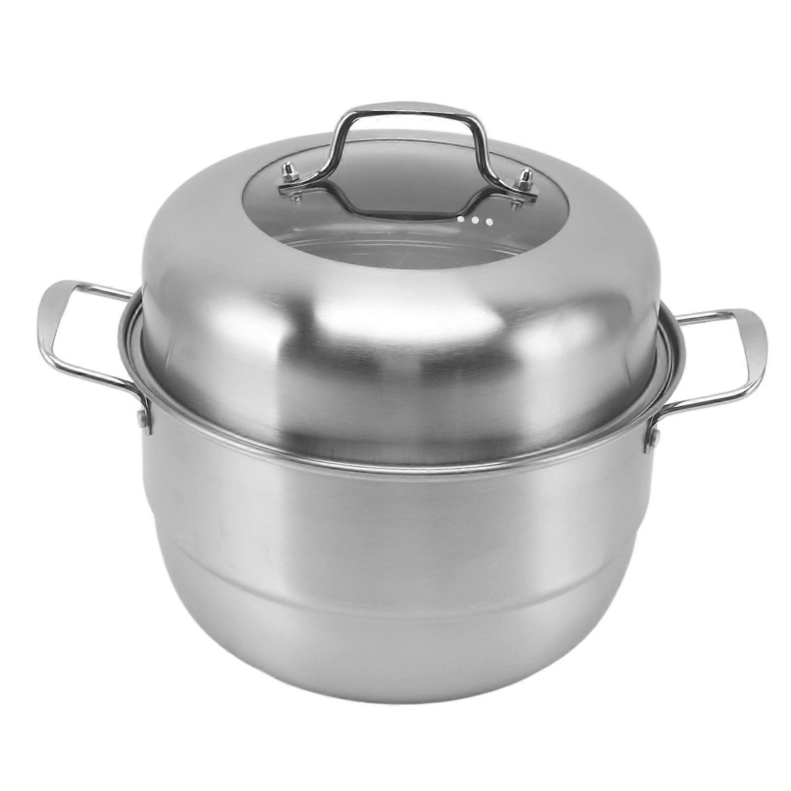 Stainless Steel Steam Pot with Handles On Both Sides Multi Layer Thick Steam Pot Cookware Pot with Tempered Glass Lid 2 Tier 