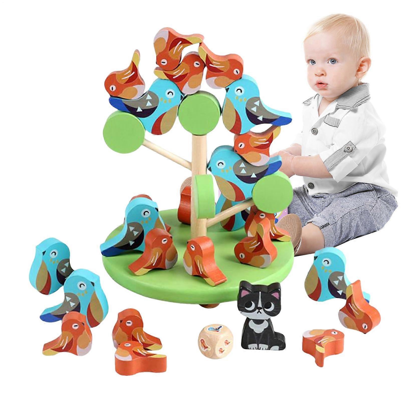 Stackable wooden toy, board game with wooden birds, for balance, fine motor skills, interactive learning tool