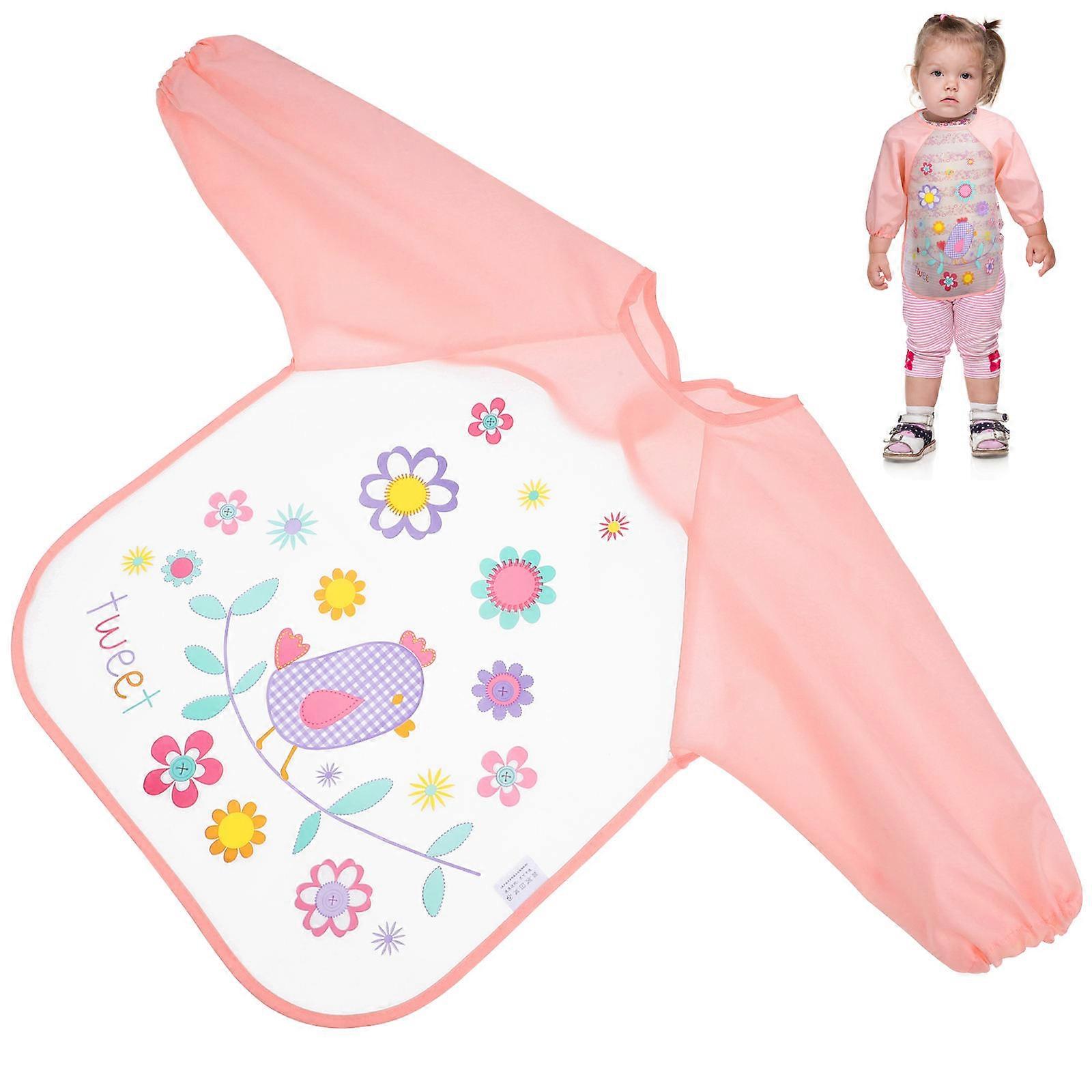 Kids Apron with Sleeves EVA Pink Bird Pattern for Children's Clothing 70.00X34.00X0.10cm Waterproof 1Pcs