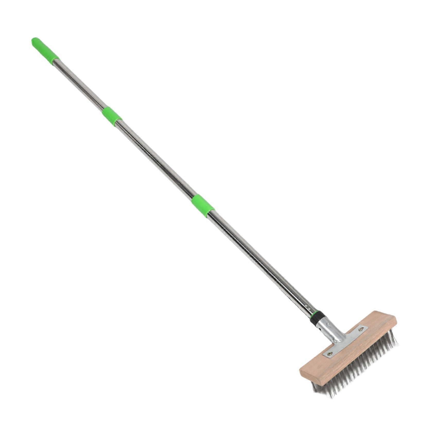 Longhandled brush with stiff bristles for concrete and terrace cleaning, an effective tool for removing dirt and moss.