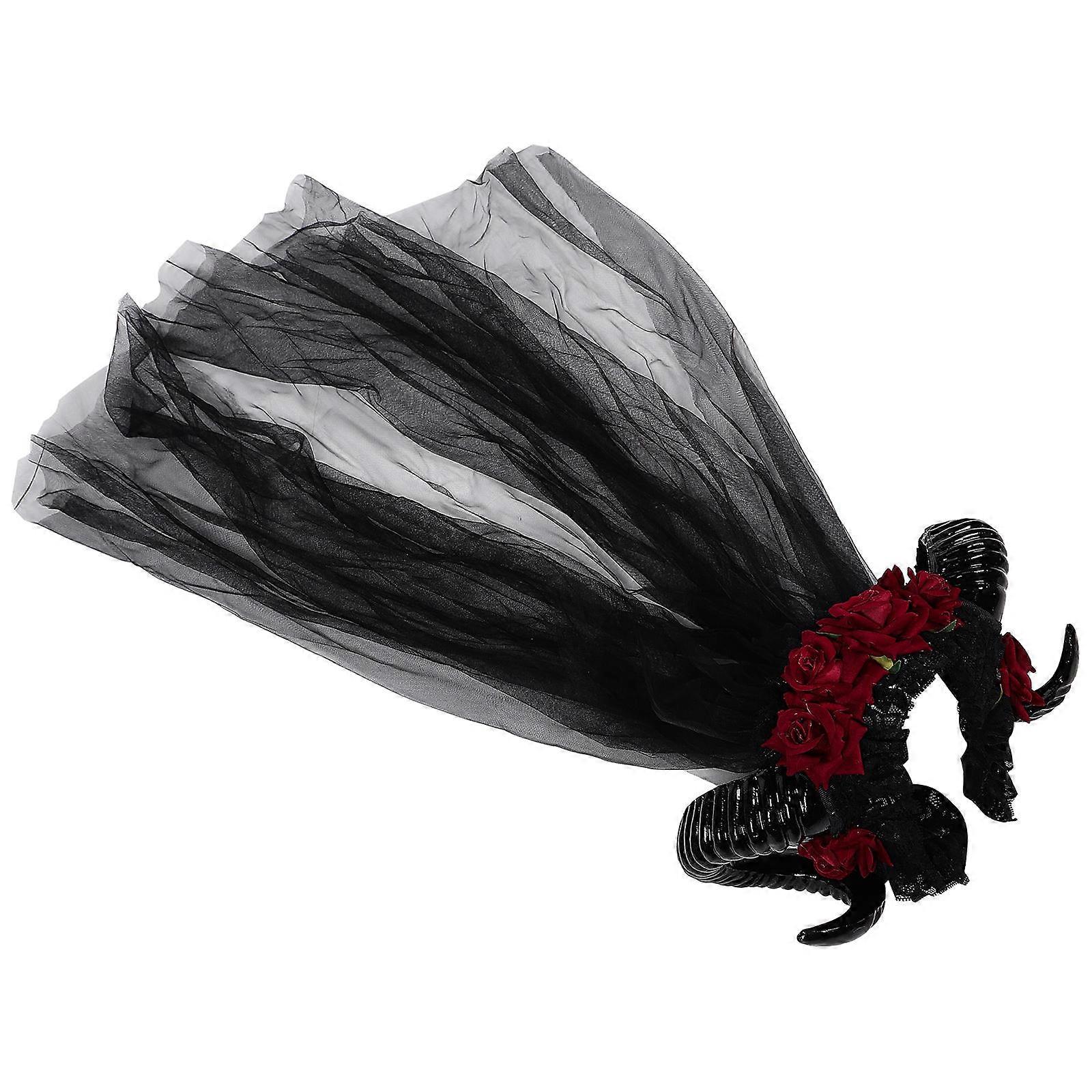Black Sheep Horn Headband with Flower Decoration for Cosplay and Parties, Silk Plastic Material