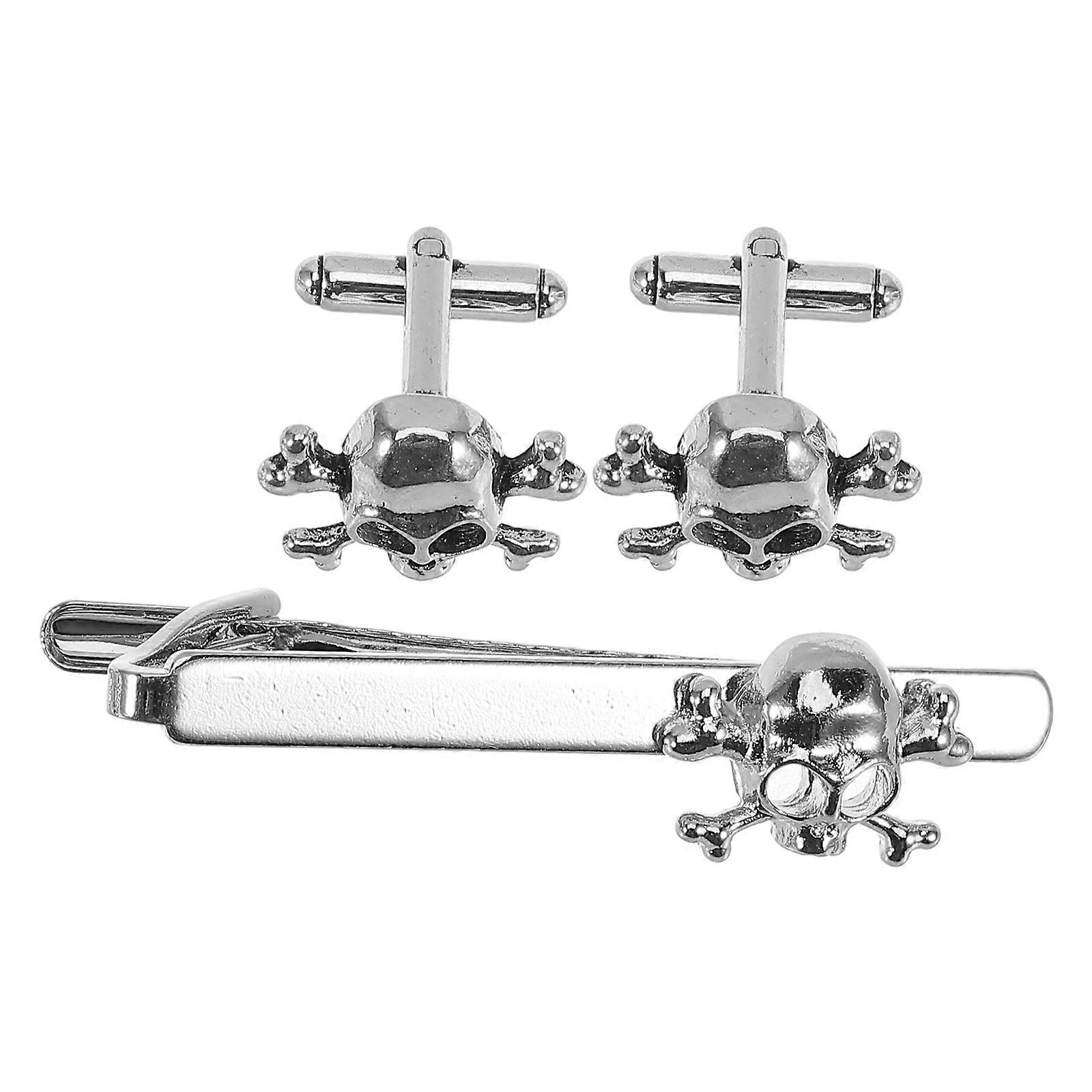 Men's Skull Tie Clips And Cufflinks Set For Silver Versatile Use 3Pcs