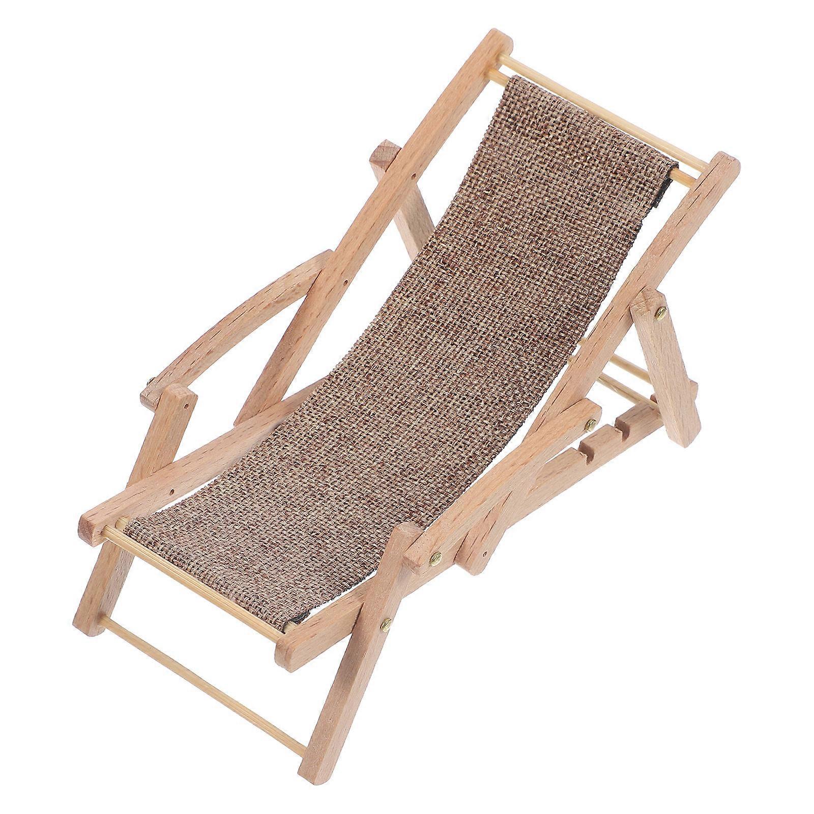 Miniature Beach Chair for Decoration Light Brown Wood and Cloth Safe Reusable Doll House Accessory