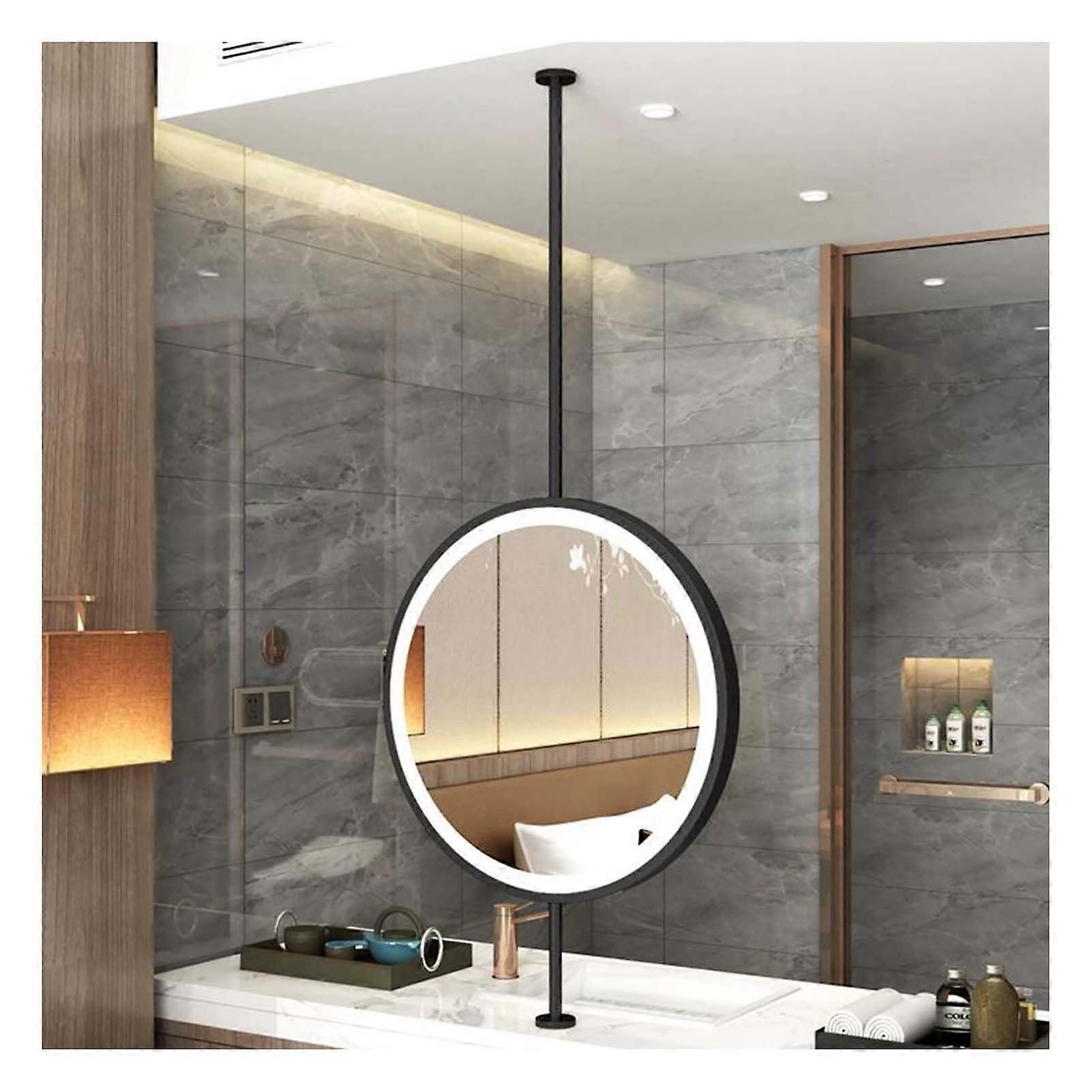 Ceiling Hanging Mirror With LED Lights, Round Metal Ceiling Mirror, Adjustable Brightness, Black 60x60 cm, Bathroom