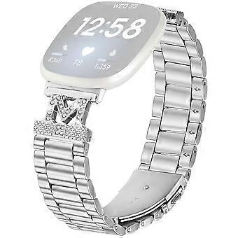 For Fitbit Versa 3/Sense Watch Strap Rhinestones Decor Silver Stainless Steel 3 Beads Watch Band