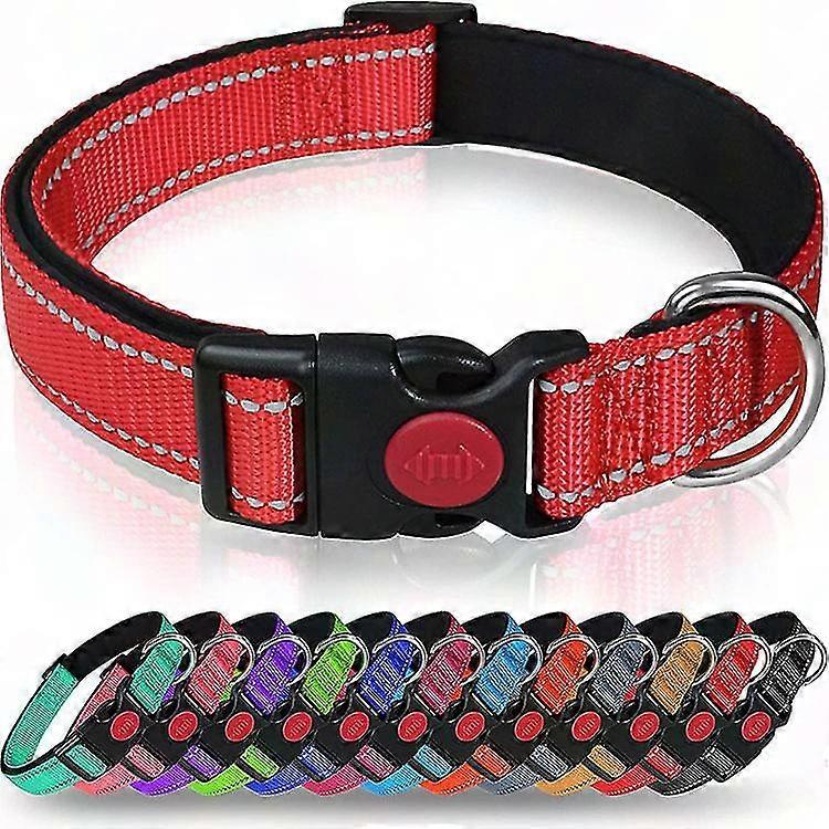 Classic Adjustable Reflective Nylon Dog Collar with Soft Padded Comfort for Breathable Fit, Red, Size M