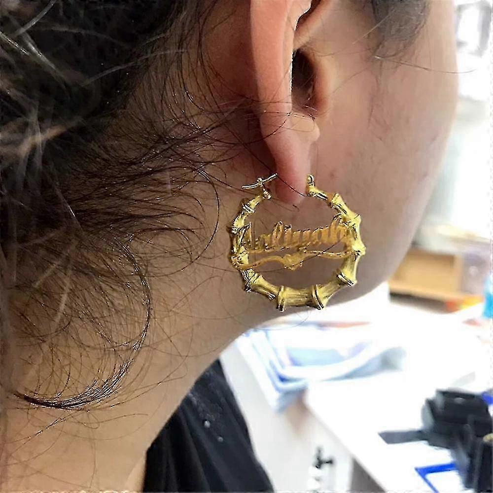 Custom Bamboo Hoop Earrings 3d Double Nameplatebig Hoop Earring Per...