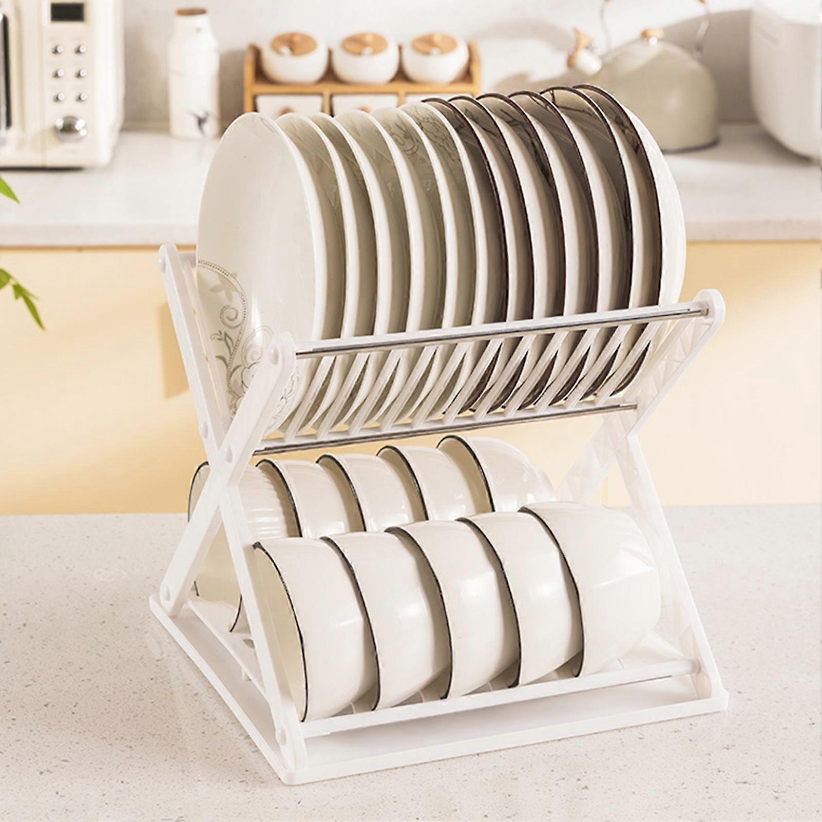Double Layer Dish Drying Rack 30x30x27cm Stainless Steel White