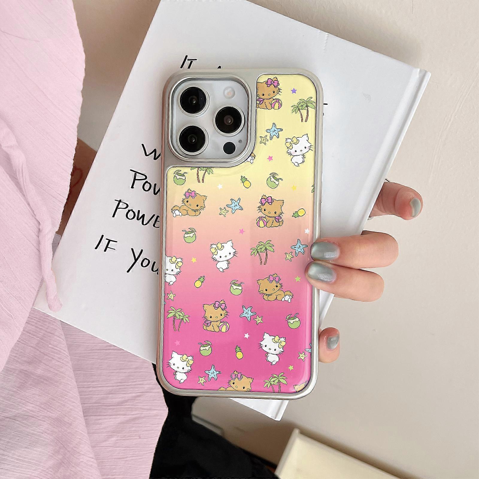 Pink seaside KT cat suitable for iPhone17 electroplating large hole glue iPhone14/15 mobile phone case 13promax