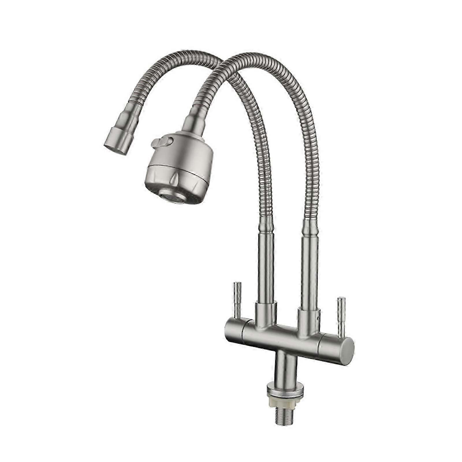 Kitchen 304 Stainless Steel single cold Double Outlet Faucet, with a universal rotating double pipe for the sink