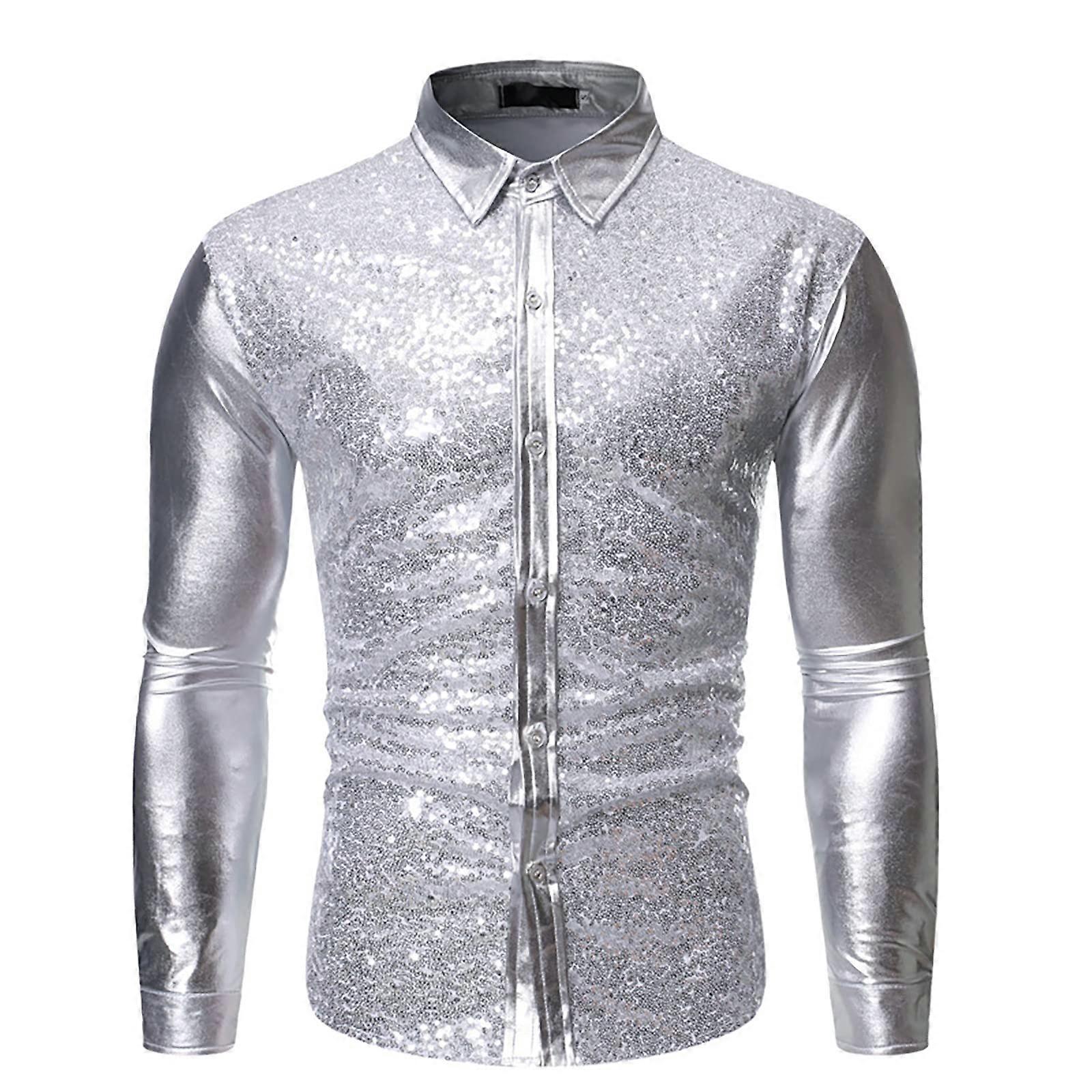 Men's Shiny Slim Fit Satin Long Sleeve Shirt Size L Silver Casual Business Night Club Theme