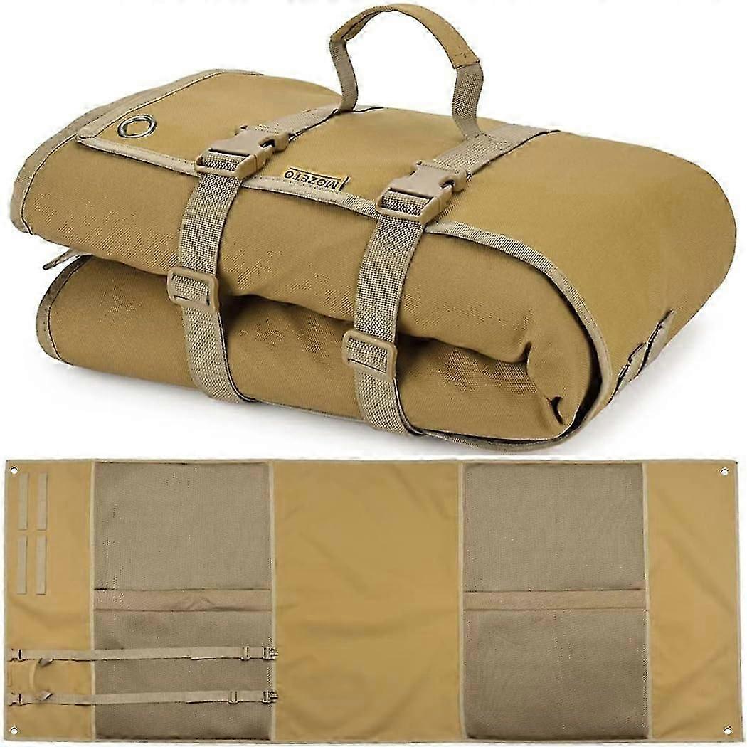 Extra Large Foldable Shooting Mat with Padding for Prone Shooting, Featuring MOLLE Webbing System and Two Accessory Pockets, Tan MOLLE Style