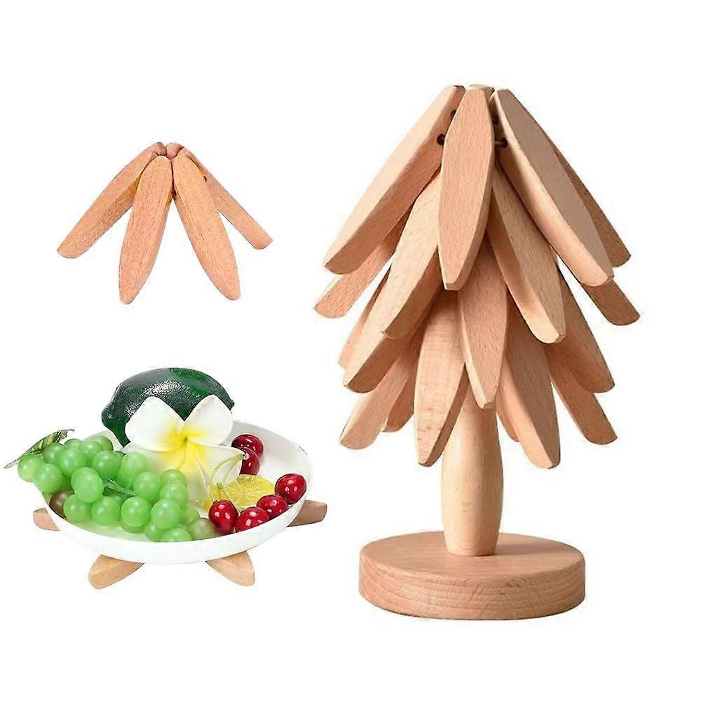 Tree Shape Trivet Set, 4 Pcs (3 Trivets + 1 Stand), Wooden Tree Trivet Coasters, Foldable Pads, Anti Scald Table Mat