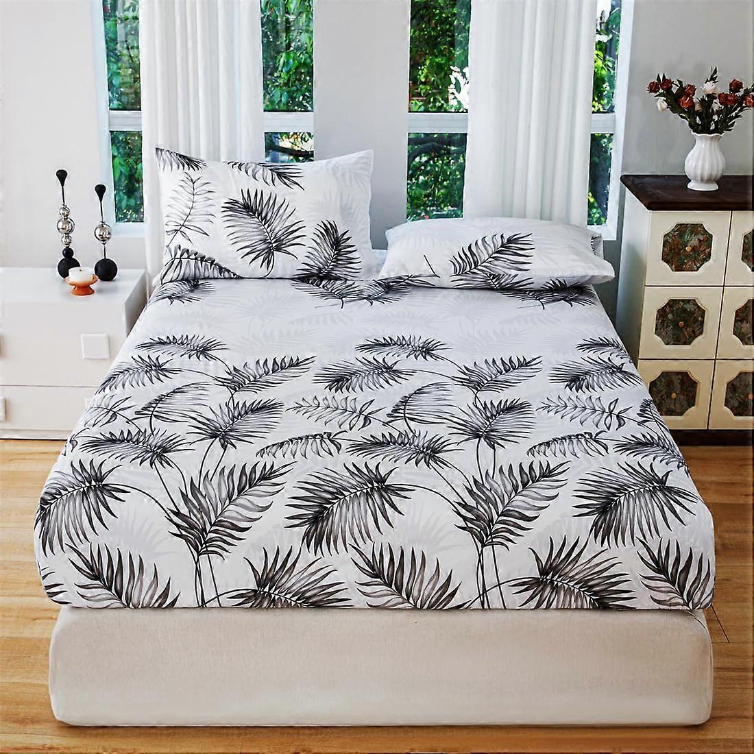 Fitted Sheet Extra Deep Pocket Floral Print with 2 Pillowcases, Small Double Bed, Leaf Pattern (99x190x36cm)