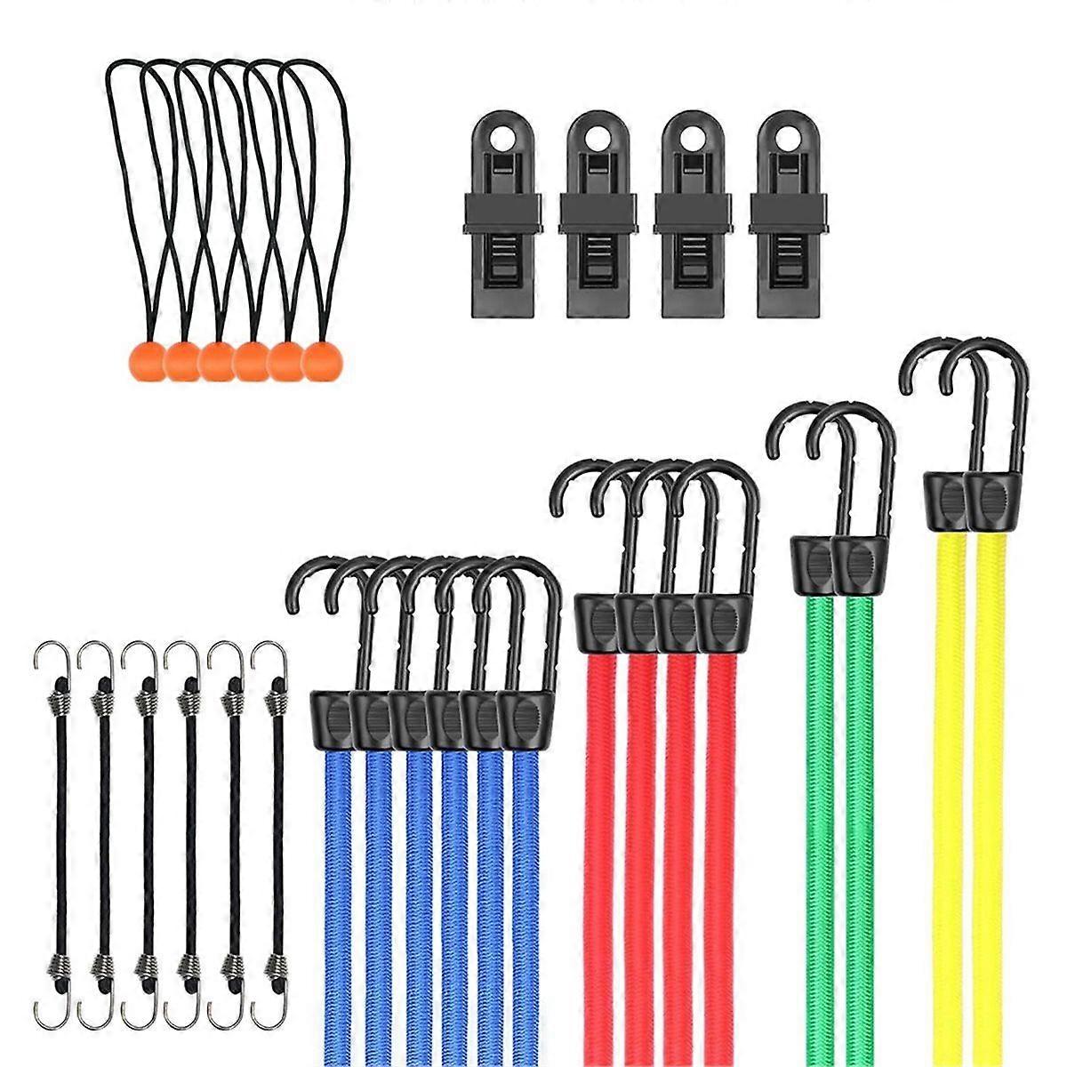 30 Piece Premium Bungee Cords Assortment Jar with Various Sizes Rope,4 Clips,6 Bungees Rope with Bal