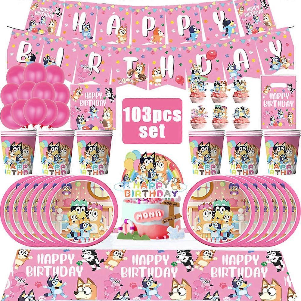 Ensemble de d��coration de f��te d'anniversaire rose de dessin anim��, vaisselle jetable, ballons, nappe, tasse, gateau, fournitures de f��te pr
