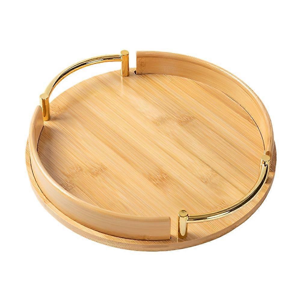 Wooden Serving Tray with Sturdy Metal Handles, Elegant Round Design for Breakfast and Home Use, 11.8in