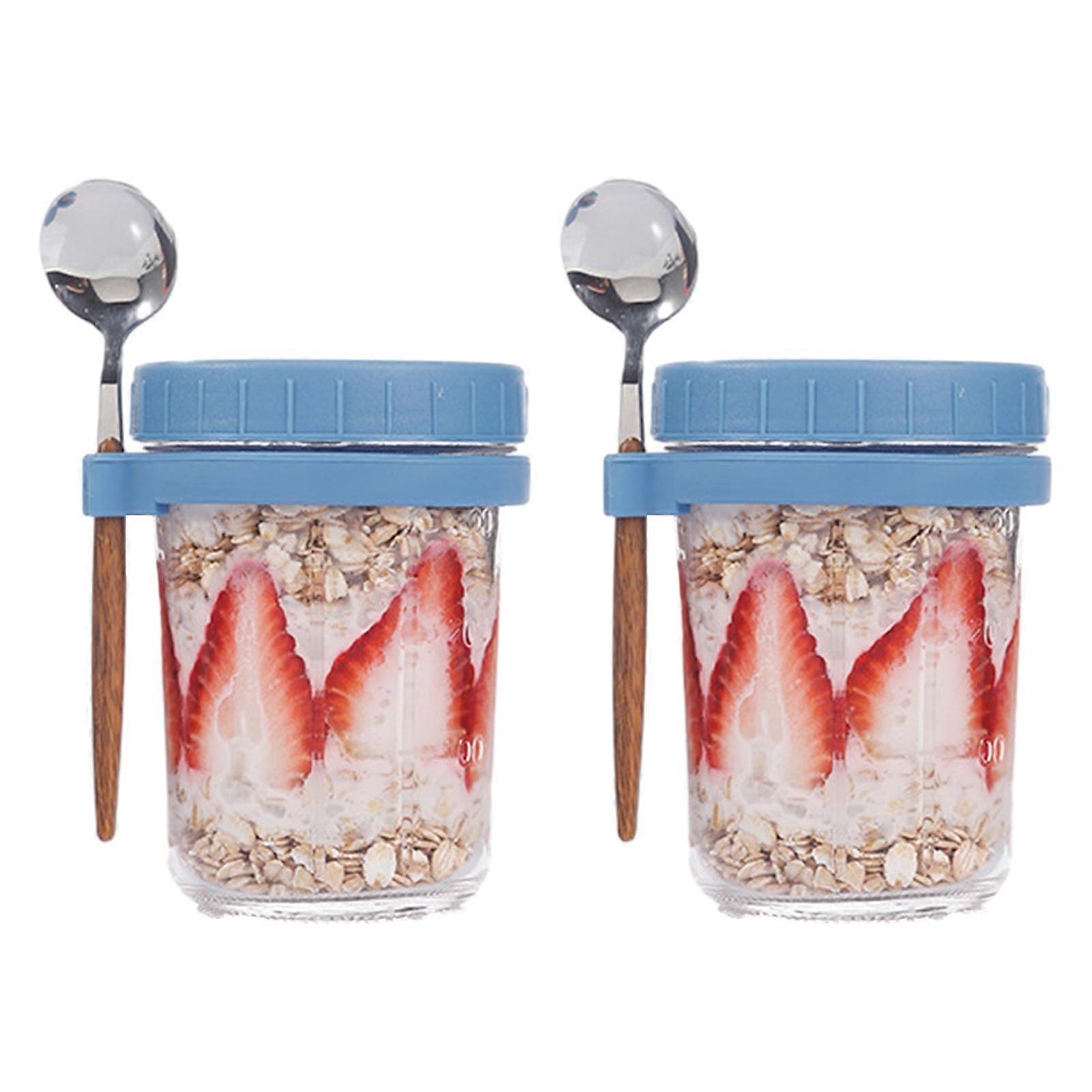 2 Pcs 350ML Oatmeal Cup Glass Containers, Airtight with Lids & Spoons, compatible with overnight oats, yogurt, salad, cereal, fruit