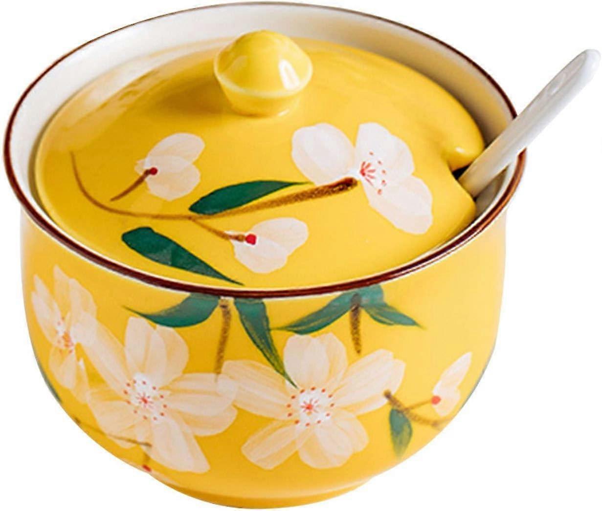 Ceramic Sugar Bowl with Lid and Spoon, Hand Painted Sakura Pattern Pink Sugar Jar 300ml