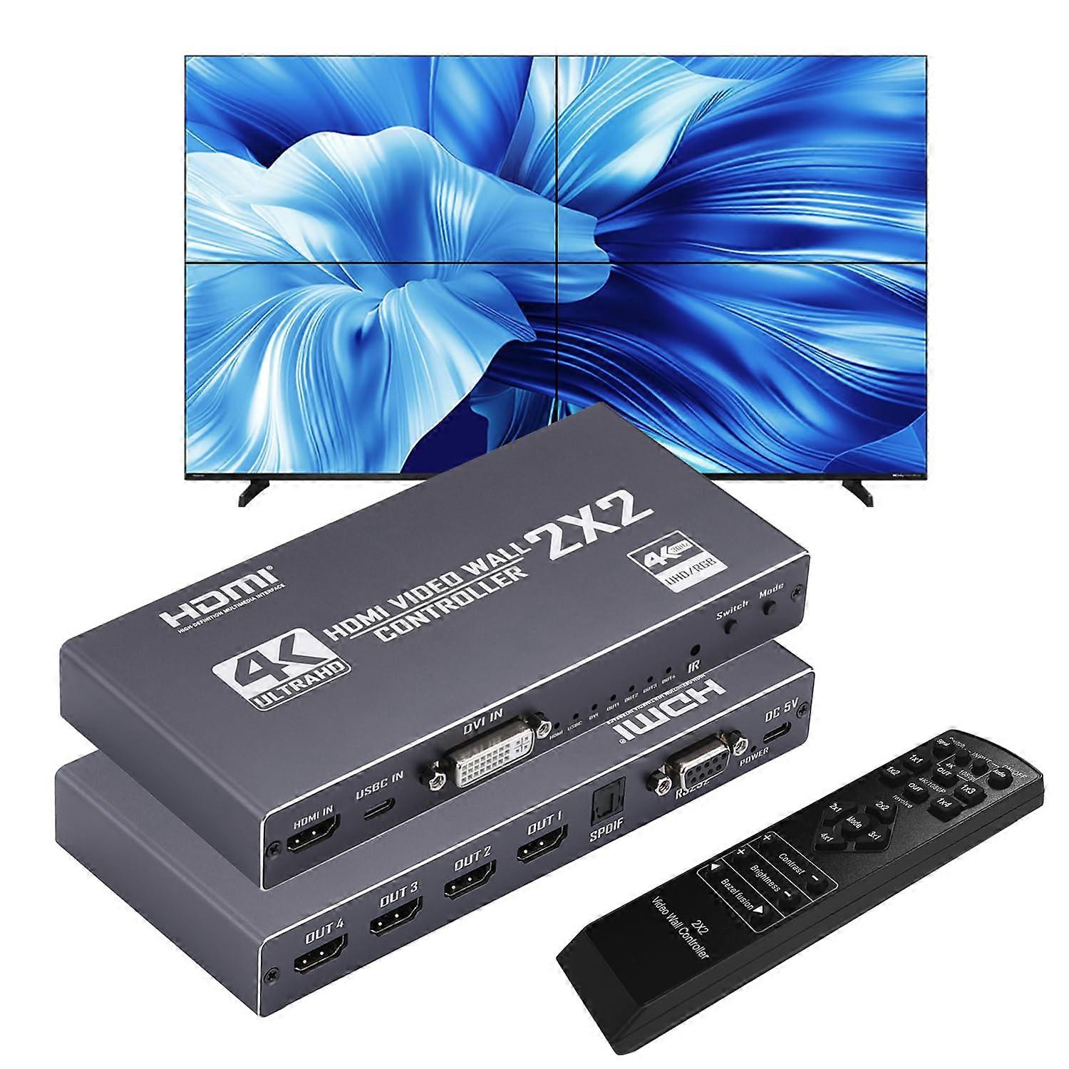 4K HDMI Video Wall Controller 2x2 with Multiple Splicing Modes and 90° Rotation Display